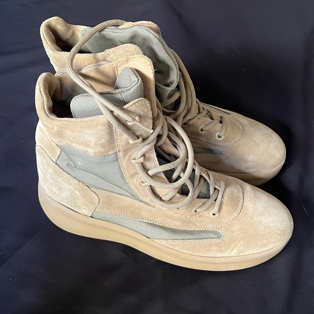 Yeezy Tan and Gray High-Top Sneakers